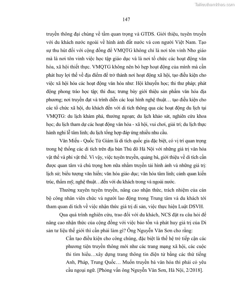 Luận án tiến sĩ văn hóa học Giá trị di sản văn hóa với phát triển du lịch ở Thủ đô Hà Nội hiện nay Qua nghiên cứu trường hợp Văn Miếu - Quốc Tử Giám - 13 Trang 154