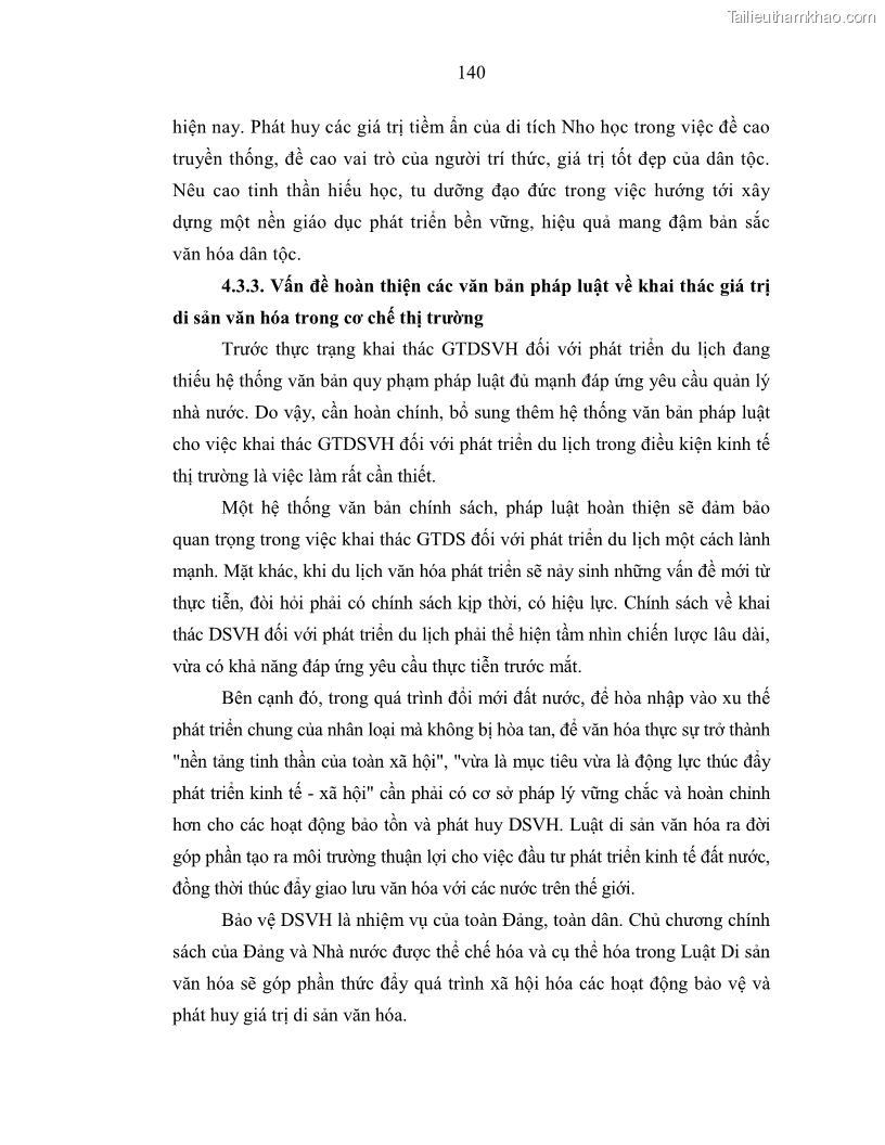 Luận án tiến sĩ văn hóa học Giá trị di sản văn hóa với phát triển du lịch ở Thủ đô Hà Nội hiện nay Qua nghiên cứu trường hợp Văn Miếu - Quốc Tử Giám - 13 Trang 147