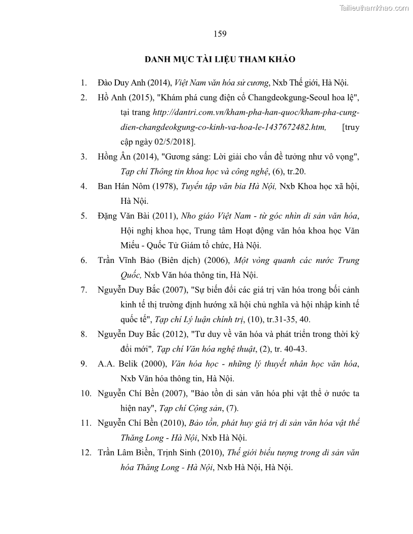 Luận án tiến sĩ văn hóa học Giá trị di sản văn hóa với phát triển du lịch ở Thủ đô Hà Nội hiện nay Qua nghiên cứu trường hợp Văn Miếu - Quốc Tử Giám - 14 Trang 166
