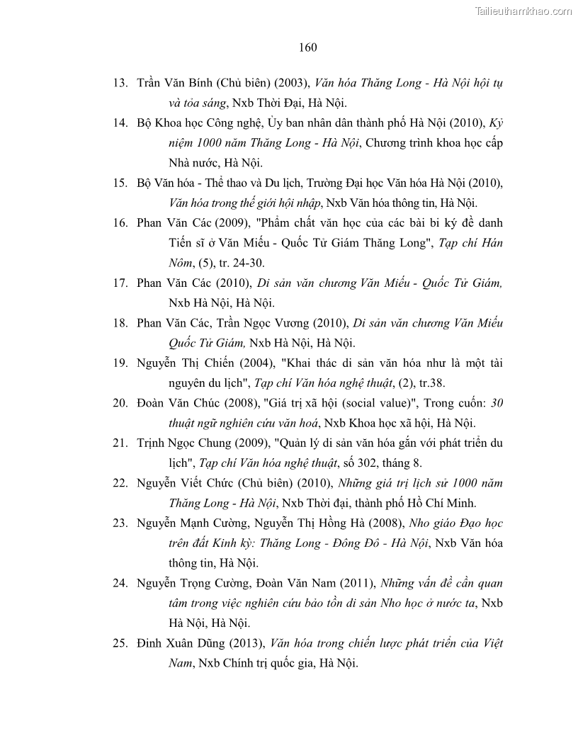 Luận án tiến sĩ văn hóa học Giá trị di sản văn hóa với phát triển du lịch ở Thủ đô Hà Nội hiện nay Qua nghiên cứu trường hợp Văn Miếu - Quốc Tử Giám - 14 Trang 167