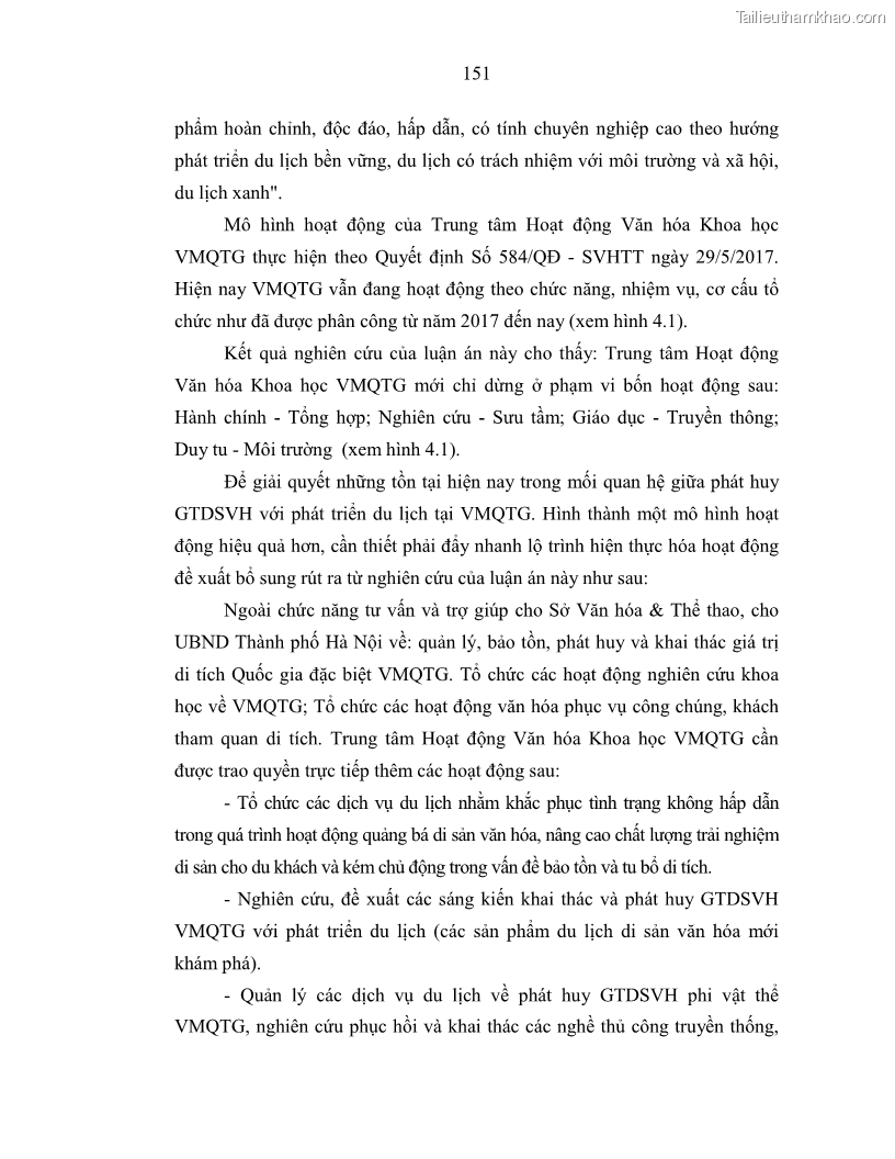 Luận án tiến sĩ văn hóa học Giá trị di sản văn hóa với phát triển du lịch ở Thủ đô Hà Nội hiện nay Qua nghiên cứu trường hợp Văn Miếu - Quốc Tử Giám - 14 Trang 158