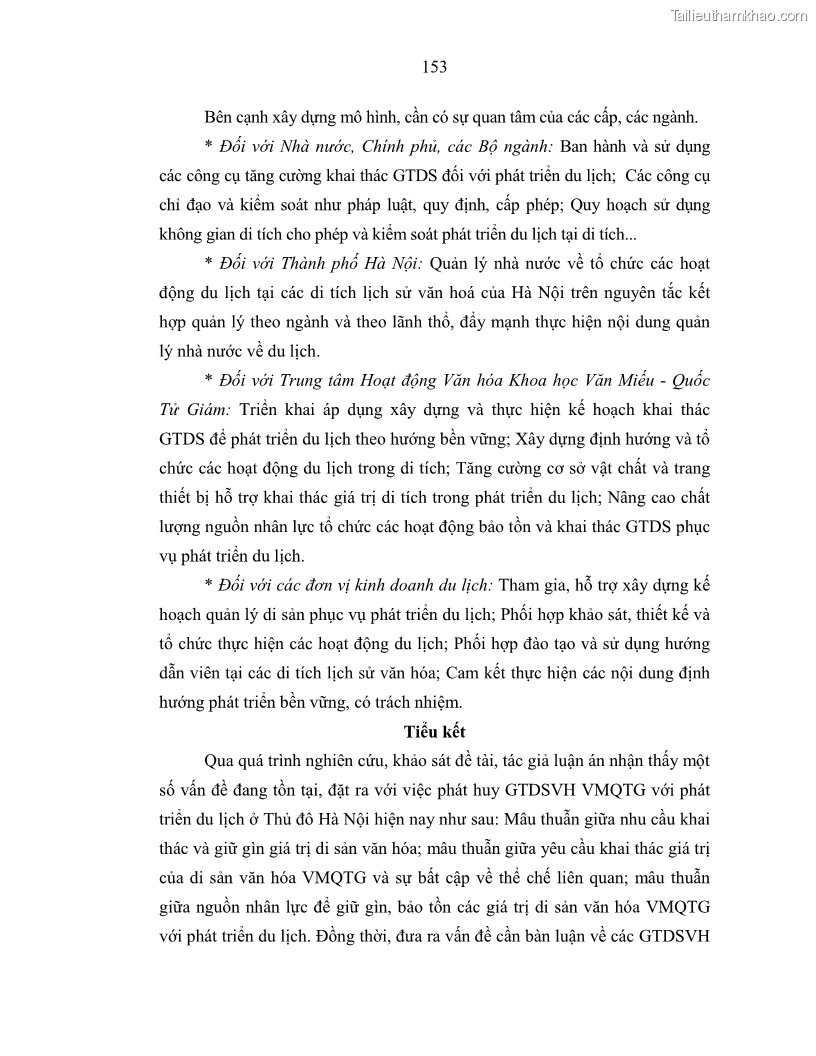 Luận án tiến sĩ văn hóa học Giá trị di sản văn hóa với phát triển du lịch ở Thủ đô Hà Nội hiện nay Qua nghiên cứu trường hợp Văn Miếu - Quốc Tử Giám - 14 Trang 160