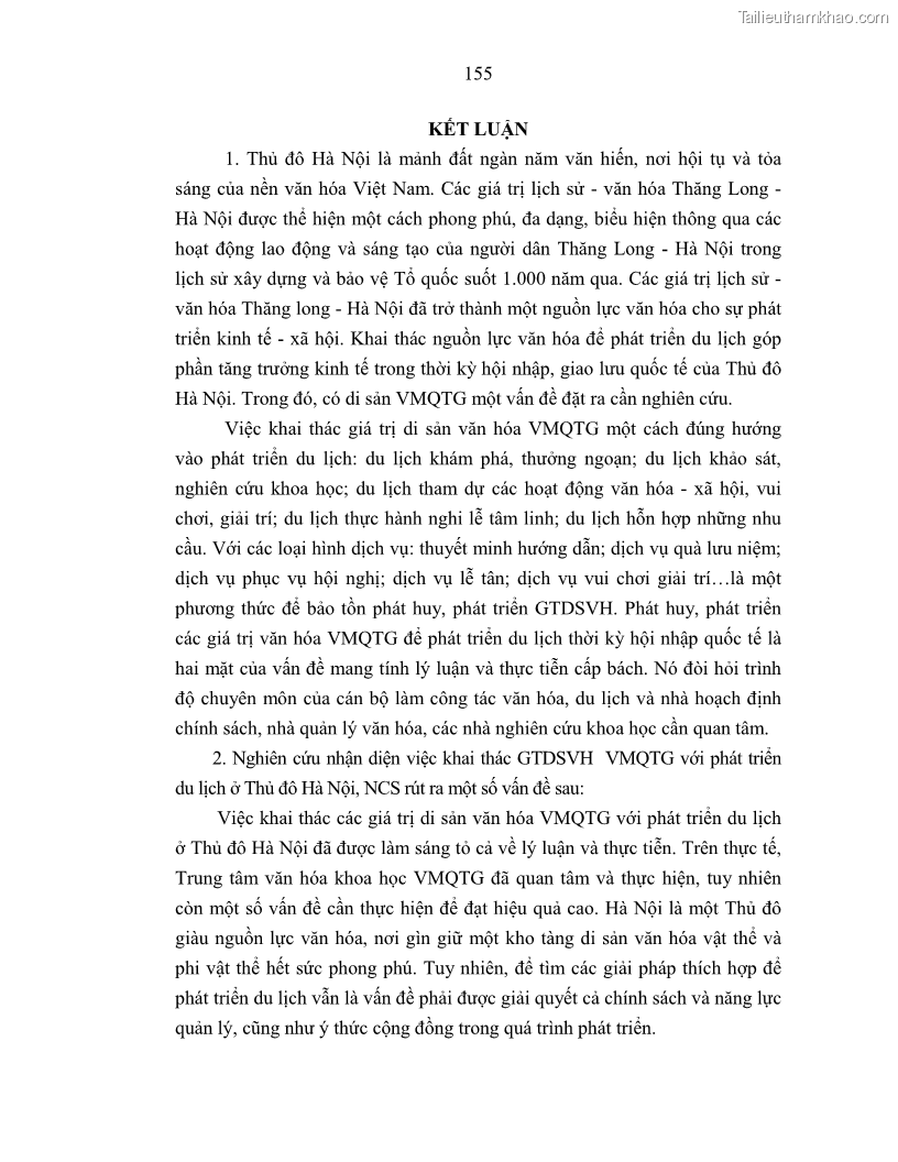 Luận án tiến sĩ văn hóa học Giá trị di sản văn hóa với phát triển du lịch ở Thủ đô Hà Nội hiện nay Qua nghiên cứu trường hợp Văn Miếu - Quốc Tử Giám - 14 Trang 162