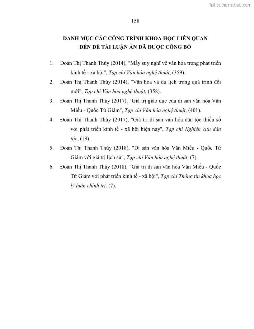 Luận án tiến sĩ văn hóa học Giá trị di sản văn hóa với phát triển du lịch ở Thủ đô Hà Nội hiện nay Qua nghiên cứu trường hợp Văn Miếu - Quốc Tử Giám - 14 Trang 165