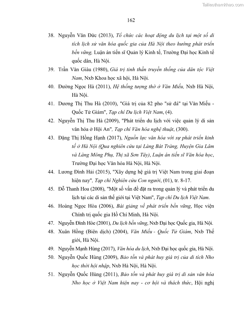 Luận án tiến sĩ văn hóa học Giá trị di sản văn hóa với phát triển du lịch ở Thủ đô Hà Nội hiện nay Qua nghiên cứu trường hợp Văn Miếu - Quốc Tử Giám - 15 Trang 169