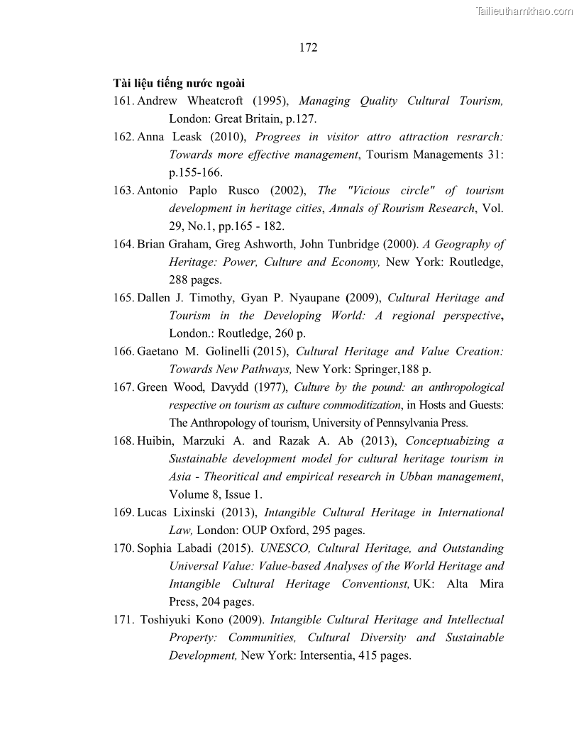 Luận án tiến sĩ văn hóa học Giá trị di sản văn hóa với phát triển du lịch ở Thủ đô Hà Nội hiện nay Qua nghiên cứu trường hợp Văn Miếu - Quốc Tử Giám - 15 Trang 179