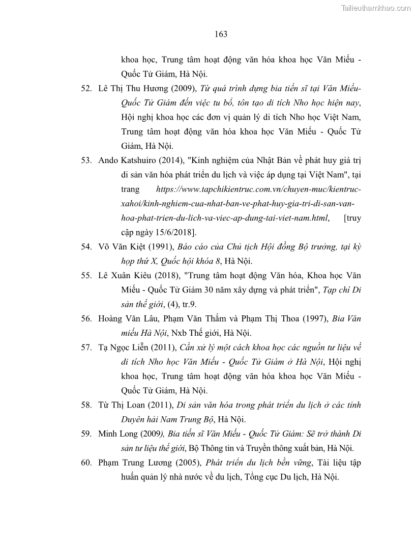 Luận án tiến sĩ văn hóa học Giá trị di sản văn hóa với phát triển du lịch ở Thủ đô Hà Nội hiện nay Qua nghiên cứu trường hợp Văn Miếu - Quốc Tử Giám - 15 Trang 170