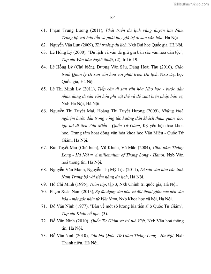 Luận án tiến sĩ văn hóa học Giá trị di sản văn hóa với phát triển du lịch ở Thủ đô Hà Nội hiện nay Qua nghiên cứu trường hợp Văn Miếu - Quốc Tử Giám - 15 Trang 171