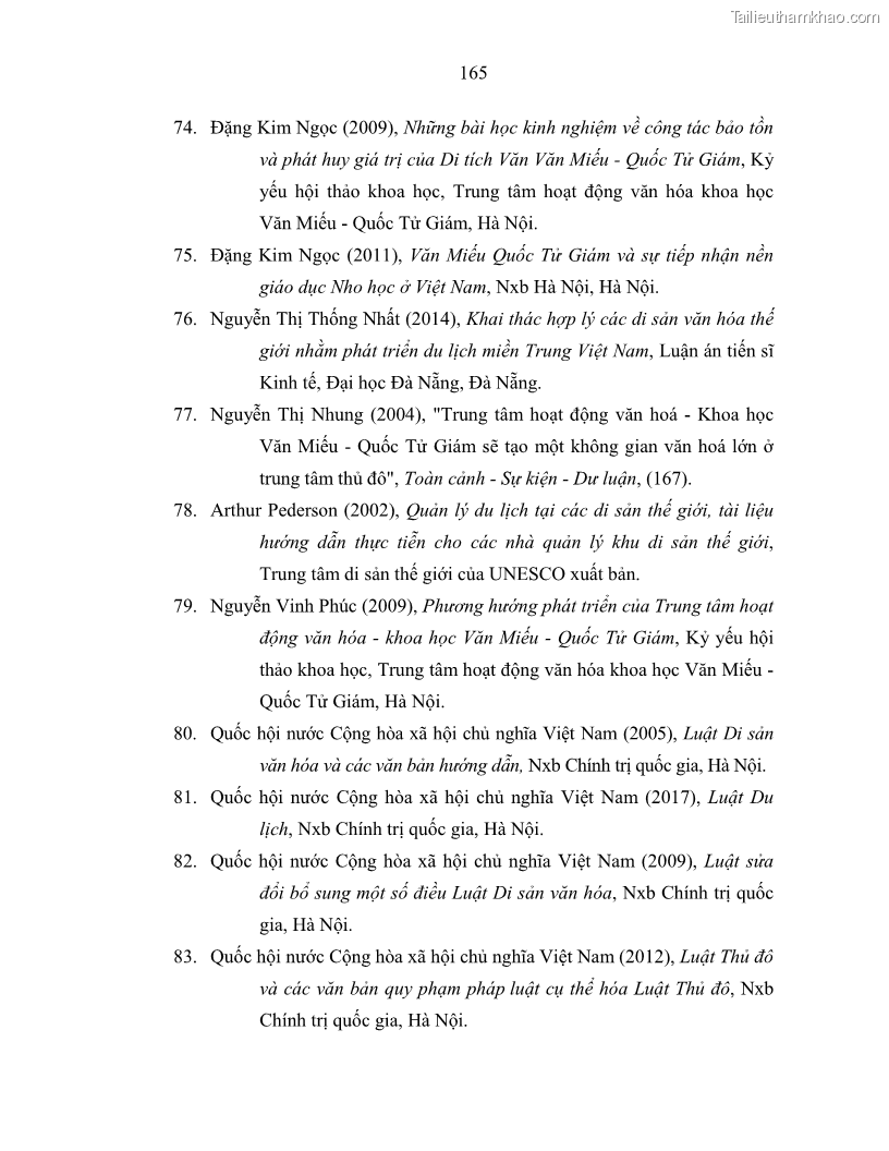 Luận án tiến sĩ văn hóa học Giá trị di sản văn hóa với phát triển du lịch ở Thủ đô Hà Nội hiện nay Qua nghiên cứu trường hợp Văn Miếu - Quốc Tử Giám - 15 Trang 172