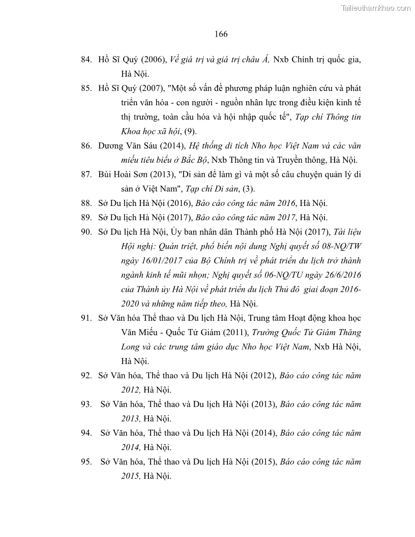 Luận án tiến sĩ văn hóa học Giá trị di sản văn hóa với phát triển du lịch ở Thủ đô Hà Nội hiện nay Qua nghiên cứu trường hợp Văn Miếu - Quốc Tử Giám - 15 Trang 173
