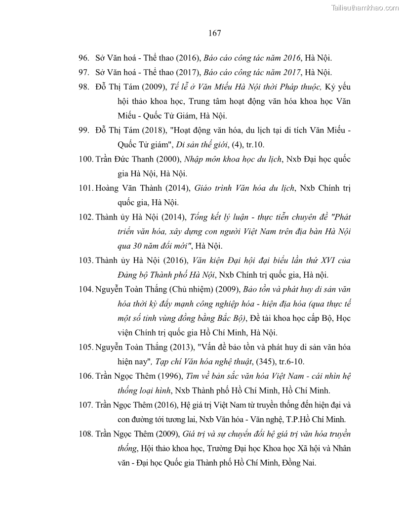 Luận án tiến sĩ văn hóa học Giá trị di sản văn hóa với phát triển du lịch ở Thủ đô Hà Nội hiện nay Qua nghiên cứu trường hợp Văn Miếu - Quốc Tử Giám - 15 Trang 174