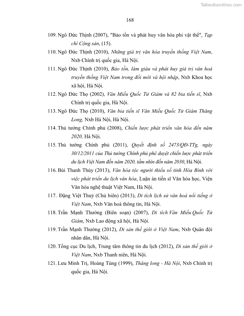 Luận án tiến sĩ văn hóa học Giá trị di sản văn hóa với phát triển du lịch ở Thủ đô Hà Nội hiện nay Qua nghiên cứu trường hợp Văn Miếu - Quốc Tử Giám - 15 Trang 175