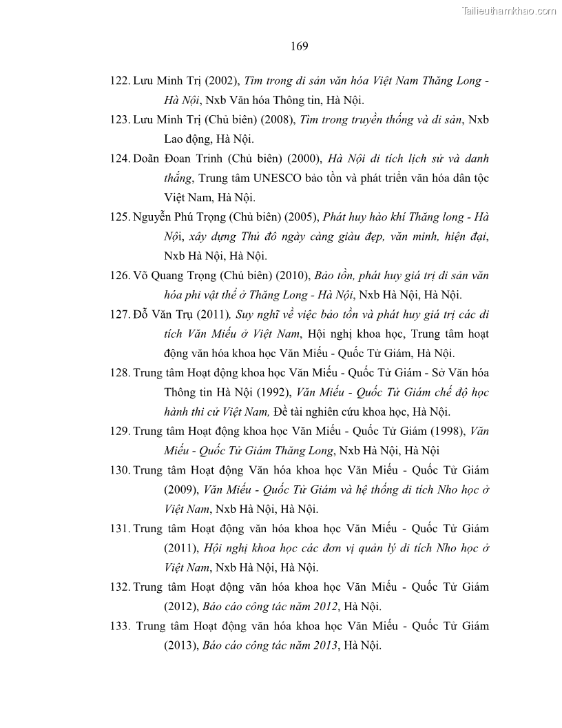 Luận án tiến sĩ văn hóa học Giá trị di sản văn hóa với phát triển du lịch ở Thủ đô Hà Nội hiện nay Qua nghiên cứu trường hợp Văn Miếu - Quốc Tử Giám - 15 Trang 176