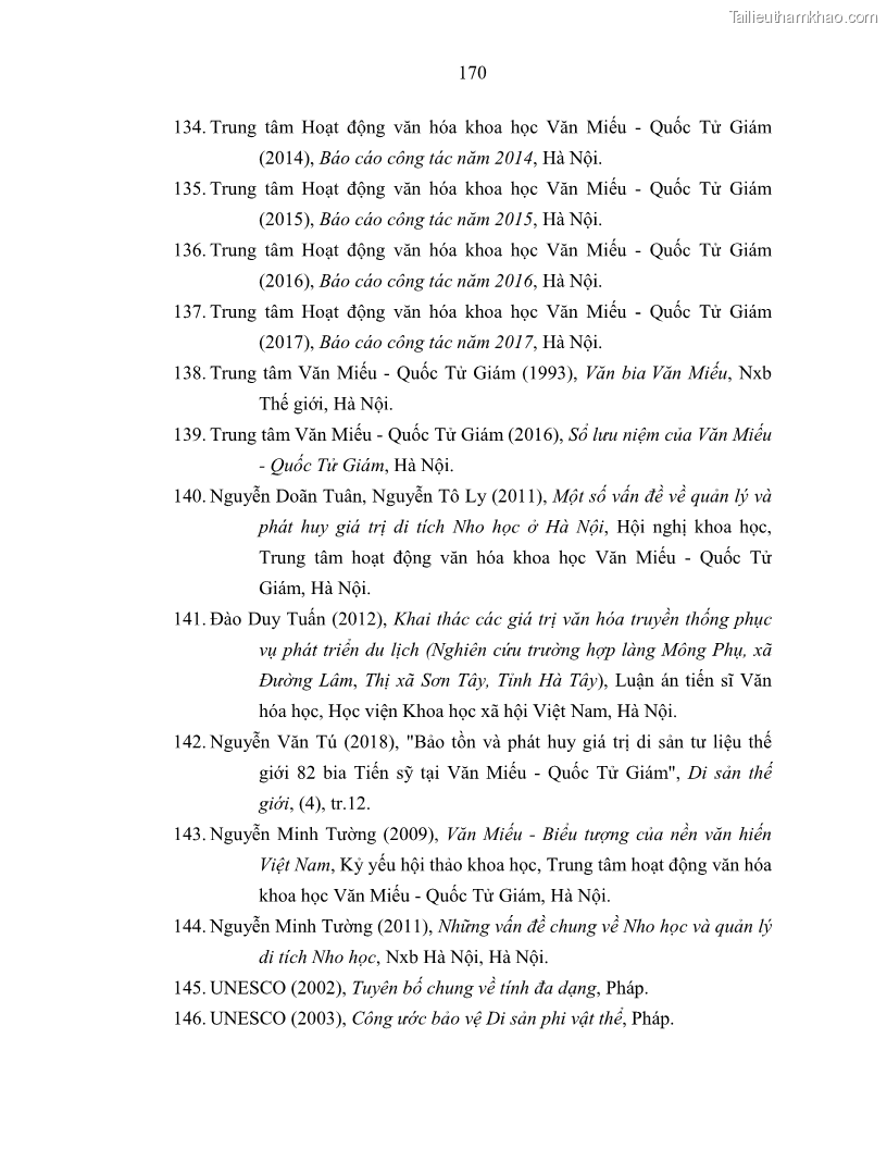 Luận án tiến sĩ văn hóa học Giá trị di sản văn hóa với phát triển du lịch ở Thủ đô Hà Nội hiện nay Qua nghiên cứu trường hợp Văn Miếu - Quốc Tử Giám - 15 Trang 177