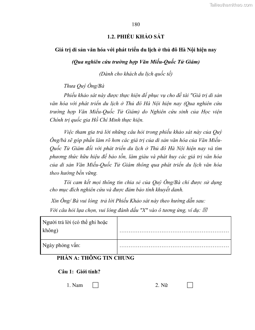 Luận án tiến sĩ văn hóa học Giá trị di sản văn hóa với phát triển du lịch ở Thủ đô Hà Nội hiện nay Qua nghiên cứu trường hợp Văn Miếu - Quốc Tử Giám - 16 Trang 186