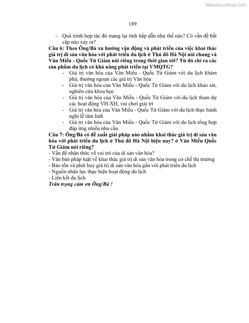 Luận án tiến sĩ văn hóa học Giá trị di sản văn hóa với phát triển du lịch ở Thủ đô Hà Nội hiện nay Qua nghiên cứu trường hợp Văn Miếu - Quốc Tử Giám - 17 Trang 195
