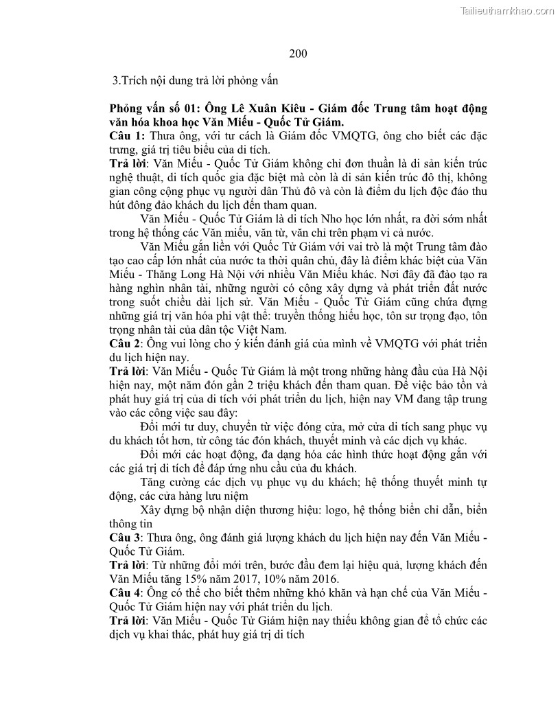Luận án tiến sĩ văn hóa học Giá trị di sản văn hóa với phát triển du lịch ở Thủ đô Hà Nội hiện nay Qua nghiên cứu trường hợp Văn Miếu - Quốc Tử Giám - 18 Trang 206