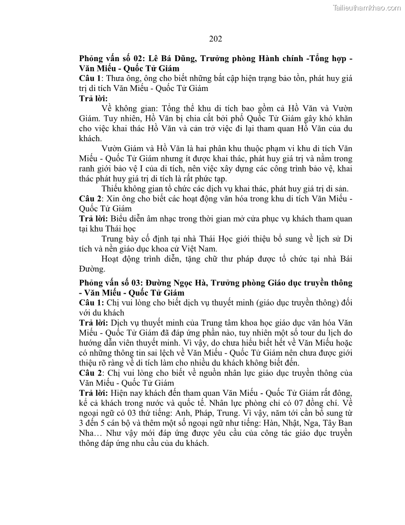 Luận án tiến sĩ văn hóa học Giá trị di sản văn hóa với phát triển du lịch ở Thủ đô Hà Nội hiện nay Qua nghiên cứu trường hợp Văn Miếu - Quốc Tử Giám - 18 Trang 208