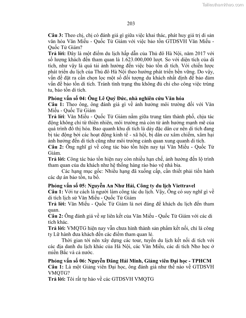 Luận án tiến sĩ văn hóa học Giá trị di sản văn hóa với phát triển du lịch ở Thủ đô Hà Nội hiện nay Qua nghiên cứu trường hợp Văn Miếu - Quốc Tử Giám - 18 Trang 209
