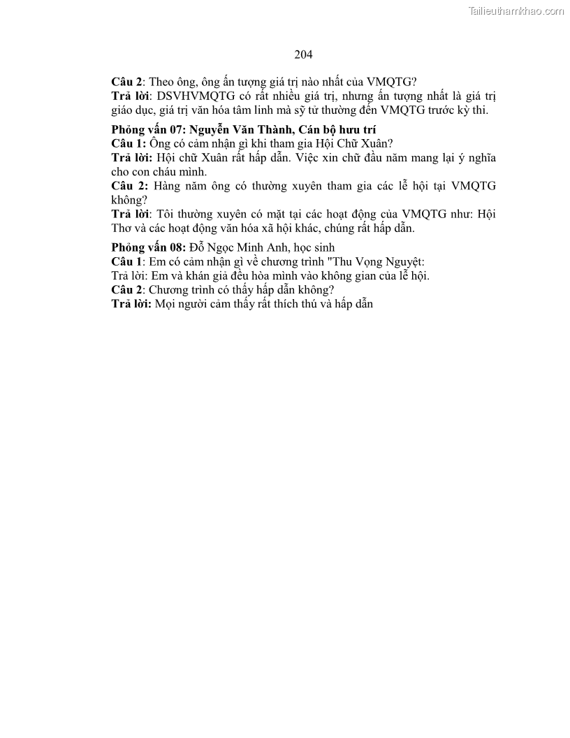 Luận án tiến sĩ văn hóa học Giá trị di sản văn hóa với phát triển du lịch ở Thủ đô Hà Nội hiện nay Qua nghiên cứu trường hợp Văn Miếu - Quốc Tử Giám - 18 Trang 210