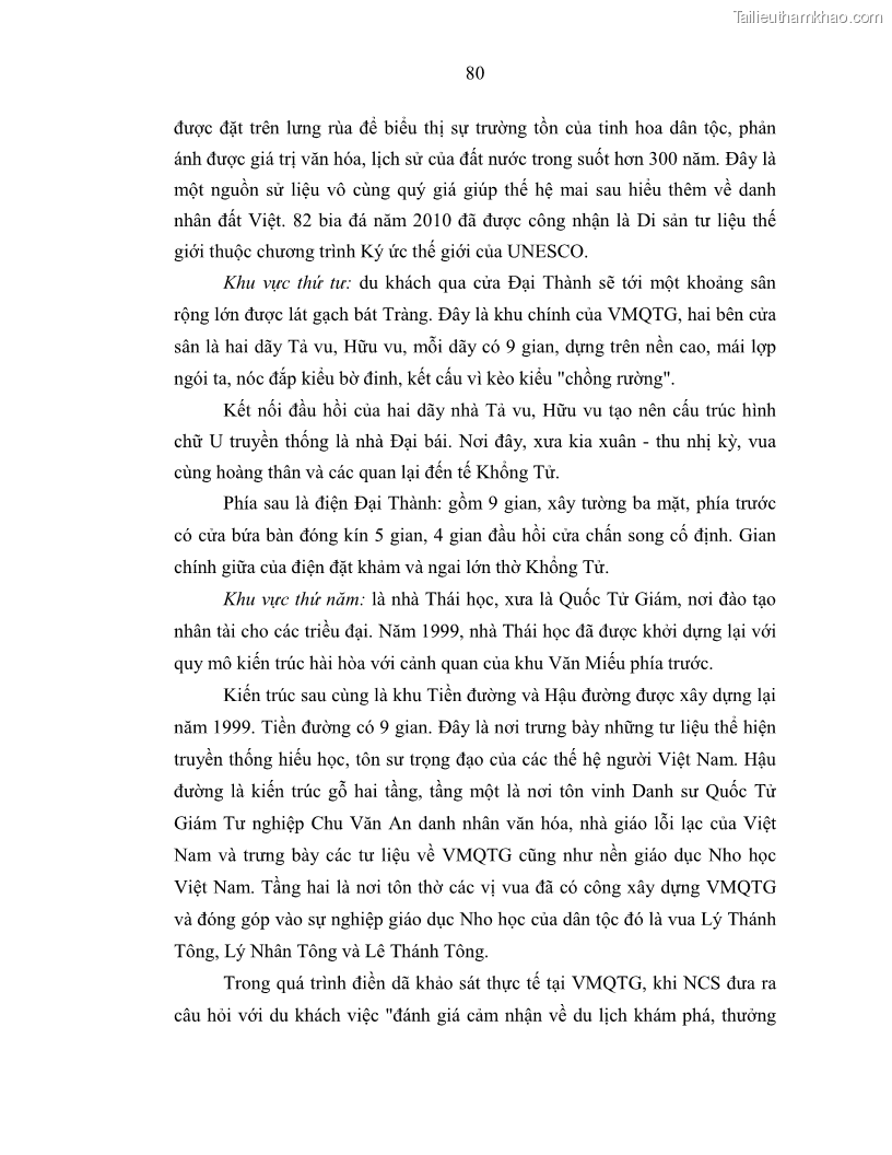 Luận án tiến sĩ văn hóa học Giá trị di sản văn hóa với phát triển du lịch ở Thủ đô Hà Nội hiện nay Qua nghiên cứu trường hợp Văn Miếu - Quốc Tử Giám - 8 Trang 87