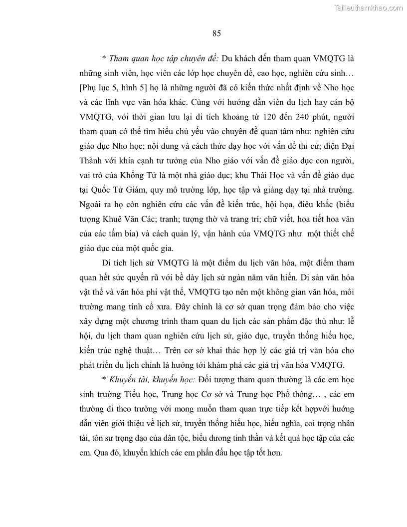 Luận án tiến sĩ văn hóa học Giá trị di sản văn hóa với phát triển du lịch ở Thủ đô Hà Nội hiện nay Qua nghiên cứu trường hợp Văn Miếu - Quốc Tử Giám - 8 Trang 92