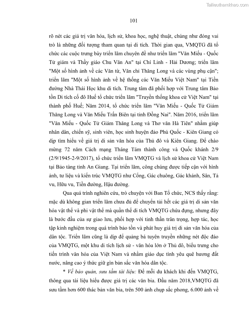 Luận án tiến sĩ văn hóa học Giá trị di sản văn hóa với phát triển du lịch ở Thủ đô Hà Nội hiện nay Qua nghiên cứu trường hợp Văn Miếu - Quốc Tử Giám - 9 Trang 108