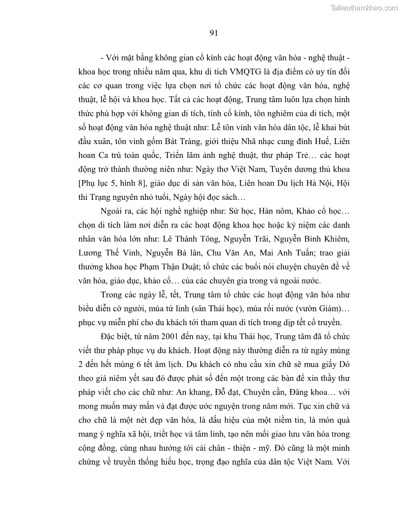 Luận án tiến sĩ văn hóa học Giá trị di sản văn hóa với phát triển du lịch ở Thủ đô Hà Nội hiện nay Qua nghiên cứu trường hợp Văn Miếu - Quốc Tử Giám - 9 Trang 98