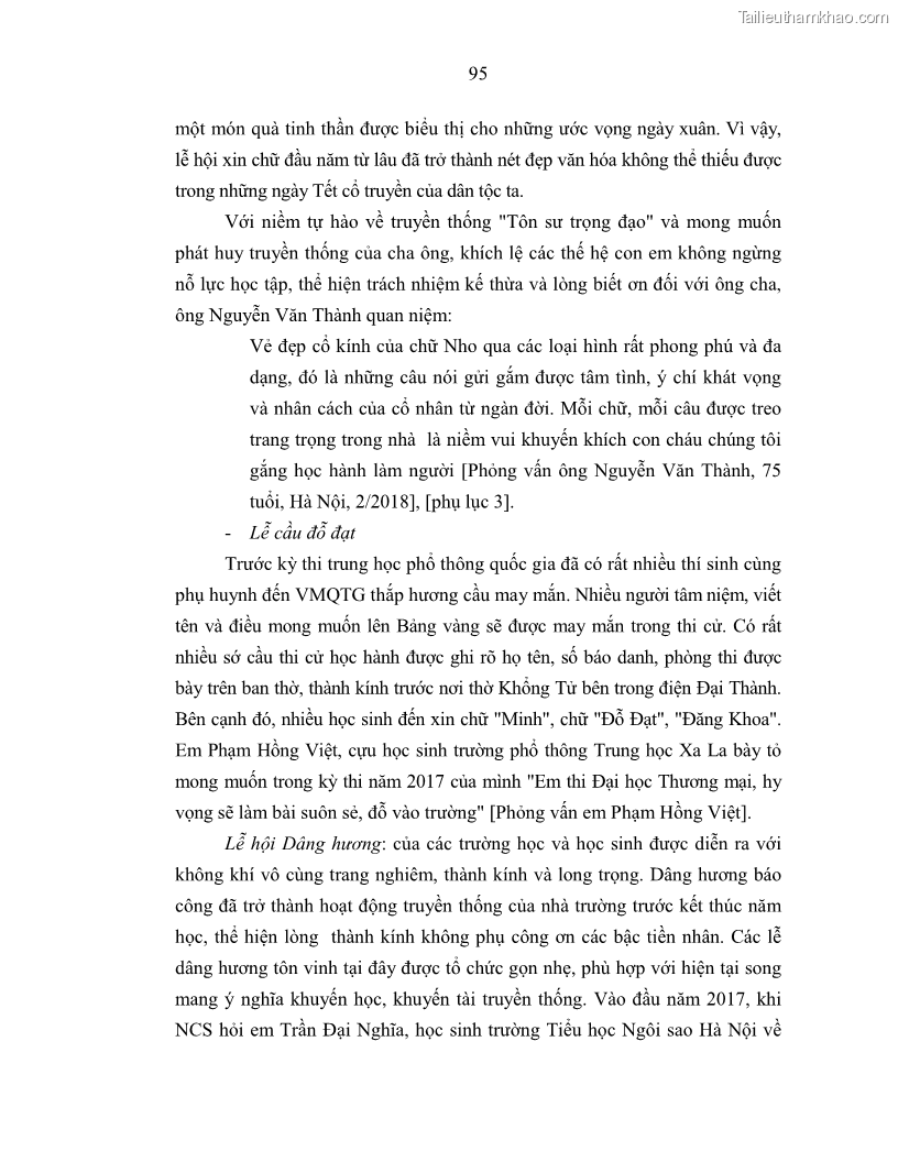 Luận án tiến sĩ văn hóa học Giá trị di sản văn hóa với phát triển du lịch ở Thủ đô Hà Nội hiện nay Qua nghiên cứu trường hợp Văn Miếu - Quốc Tử Giám - 9 Trang 102