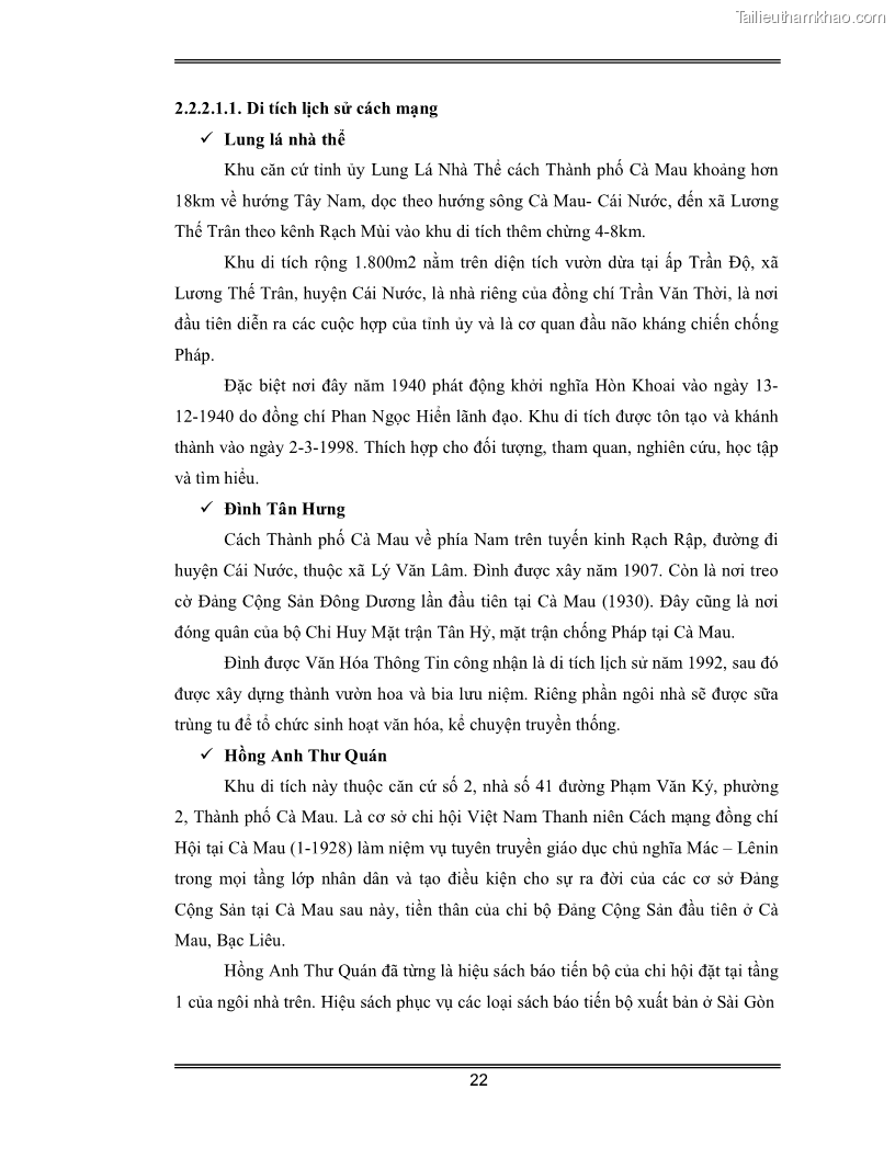 Luận văn Đánh giá thực trạng và định hướng phát triển du lịch tỉnh Cà Mau - 2 Trang 22
