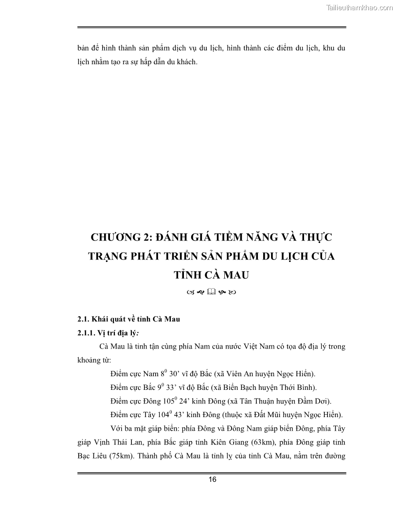 Luận văn Đánh giá thực trạng và định hướng phát triển du lịch tỉnh Cà Mau - 2 Trang 16