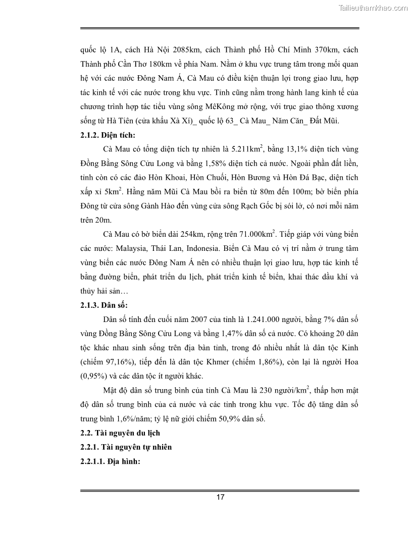 Luận văn Đánh giá thực trạng và định hướng phát triển du lịch tỉnh Cà Mau - 2 Trang 17