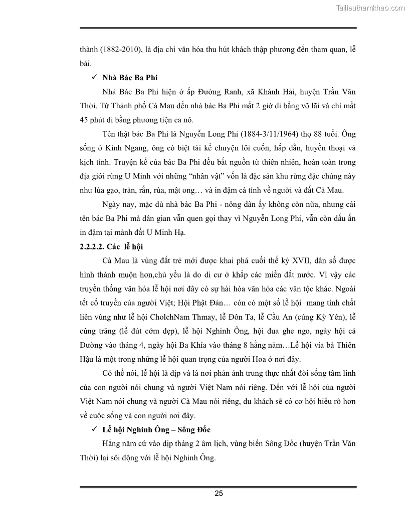 Luận văn Đánh giá thực trạng và định hướng phát triển du lịch tỉnh Cà Mau - 3 Trang 25
