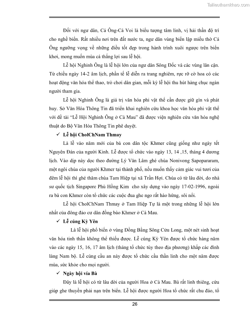 Luận văn Đánh giá thực trạng và định hướng phát triển du lịch tỉnh Cà Mau - 3 Trang 26