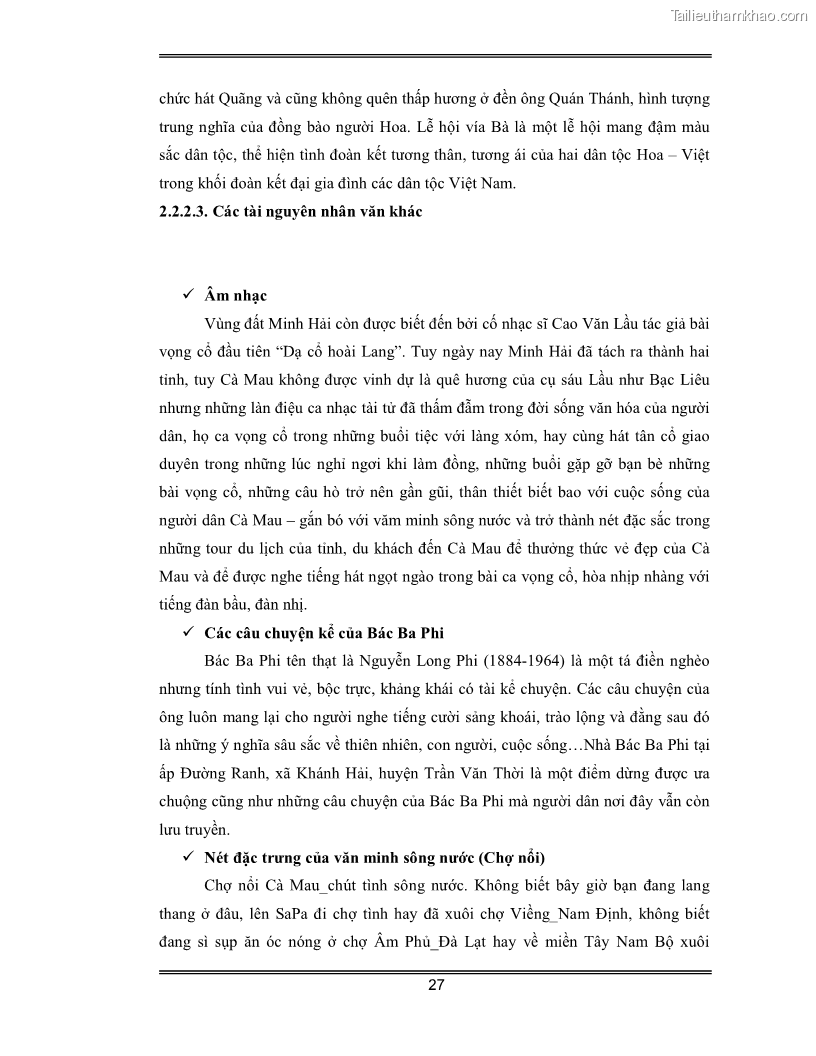 Luận văn Đánh giá thực trạng và định hướng phát triển du lịch tỉnh Cà Mau - 3 Trang 27