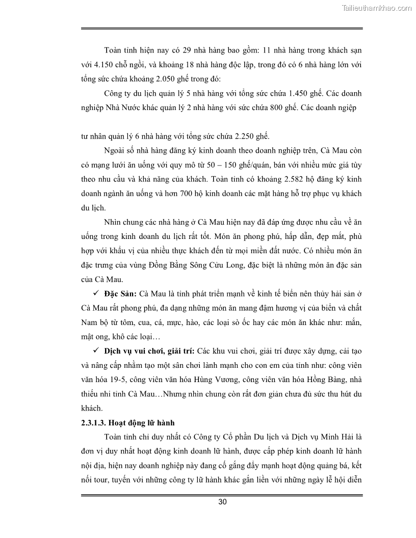 Luận văn Đánh giá thực trạng và định hướng phát triển du lịch tỉnh Cà Mau - 3 Trang 30