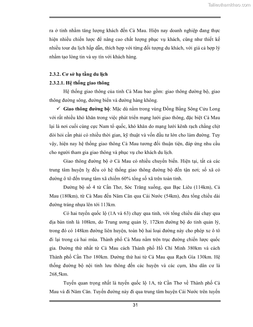 Luận văn Đánh giá thực trạng và định hướng phát triển du lịch tỉnh Cà Mau - 3 Trang 31