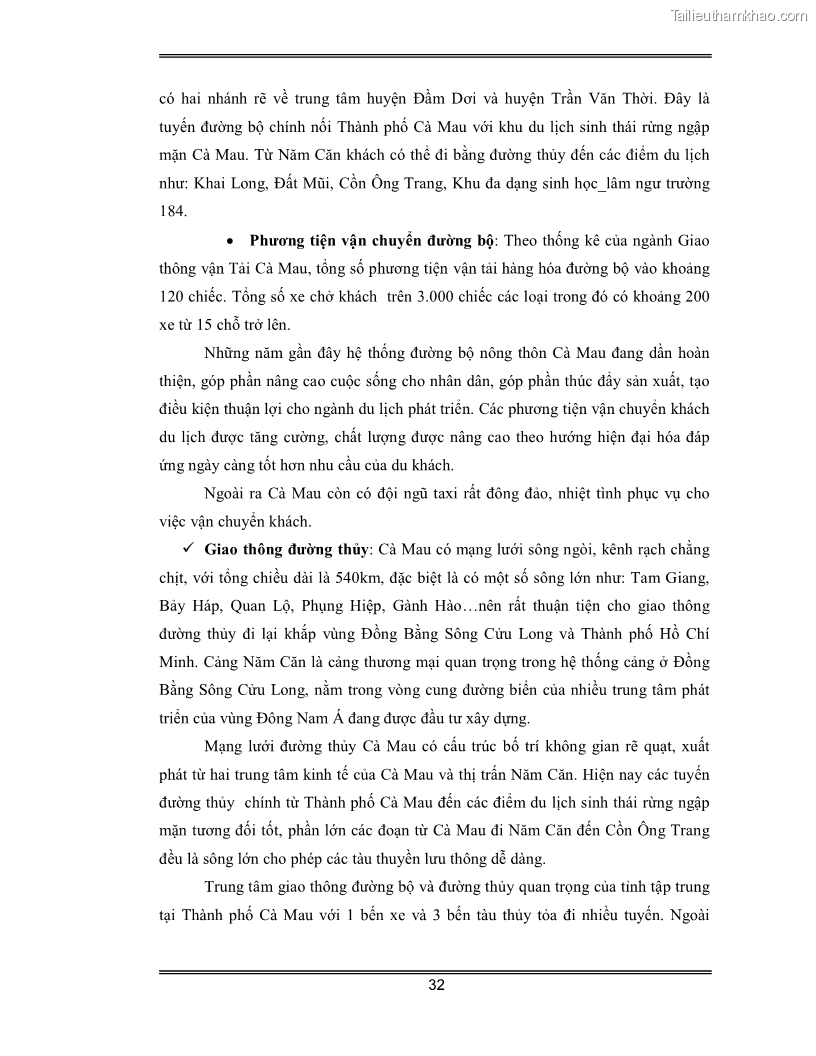 Luận văn Đánh giá thực trạng và định hướng phát triển du lịch tỉnh Cà Mau - 3 Trang 32