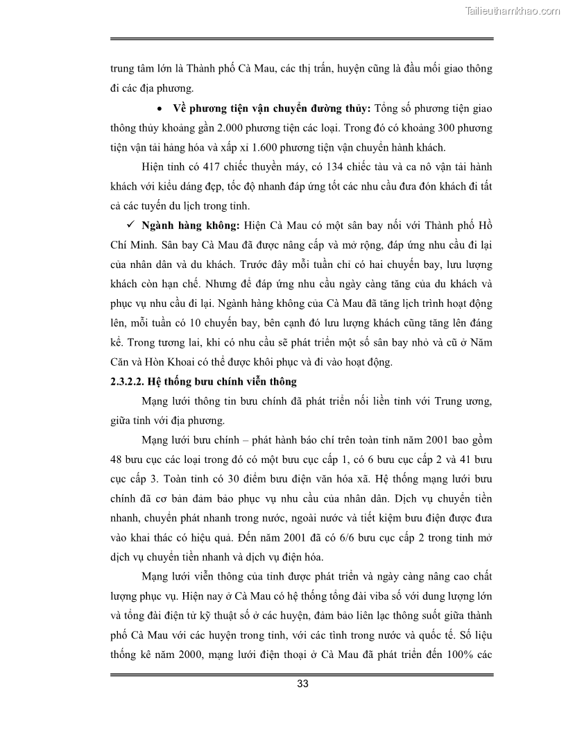 Luận văn Đánh giá thực trạng và định hướng phát triển du lịch tỉnh Cà Mau - 3 Trang 33