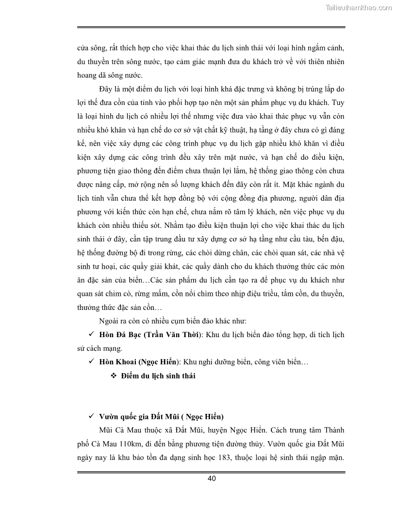 Luận văn Đánh giá thực trạng và định hướng phát triển du lịch tỉnh Cà Mau - 4 Trang 40