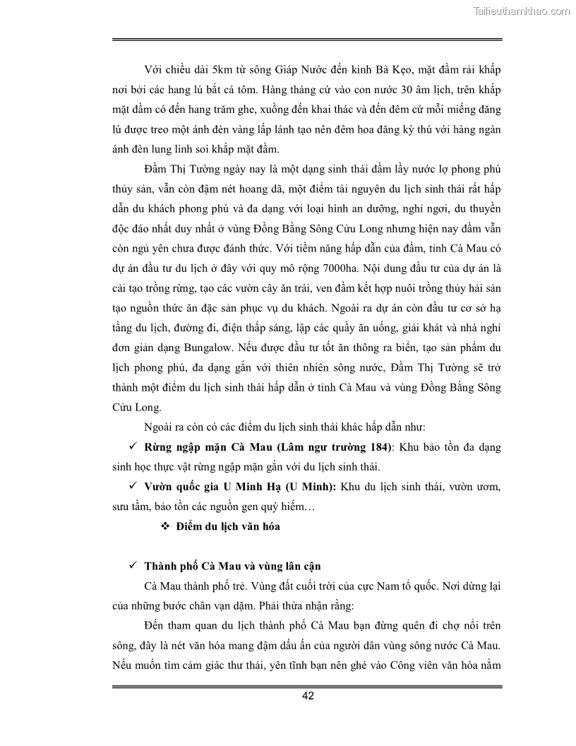 Luận văn Đánh giá thực trạng và định hướng phát triển du lịch tỉnh Cà Mau - 4 Trang 42