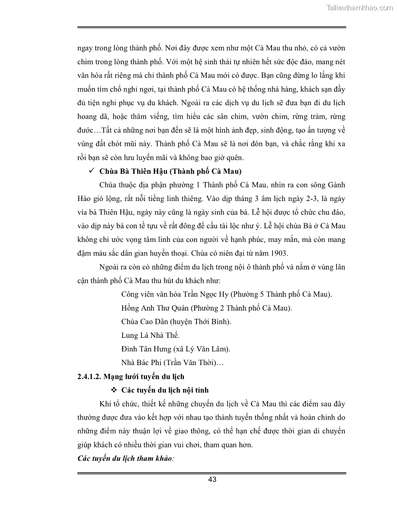 Luận văn Đánh giá thực trạng và định hướng phát triển du lịch tỉnh Cà Mau - 4 Trang 43