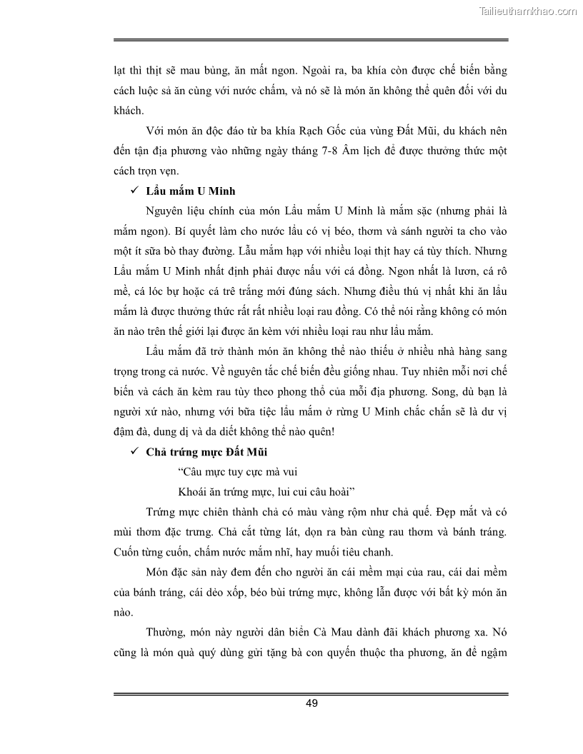 Luận văn Đánh giá thực trạng và định hướng phát triển du lịch tỉnh Cà Mau - 5 Trang 49