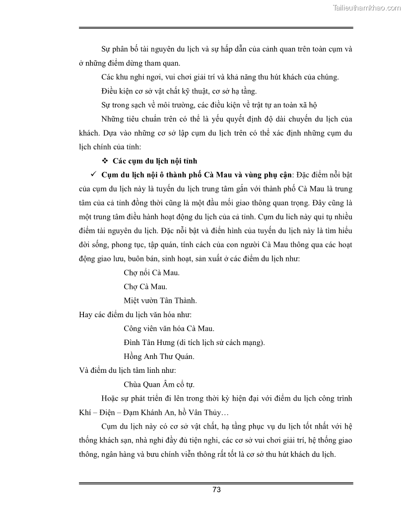 Luận văn Đánh giá thực trạng và định hướng phát triển du lịch tỉnh Cà Mau - 7 Trang 73