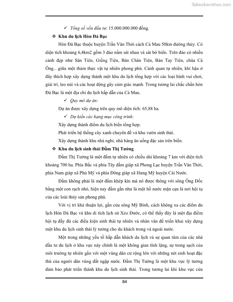 Luận văn Đánh giá thực trạng và định hướng phát triển du lịch tỉnh Cà Mau - 7 Trang 84