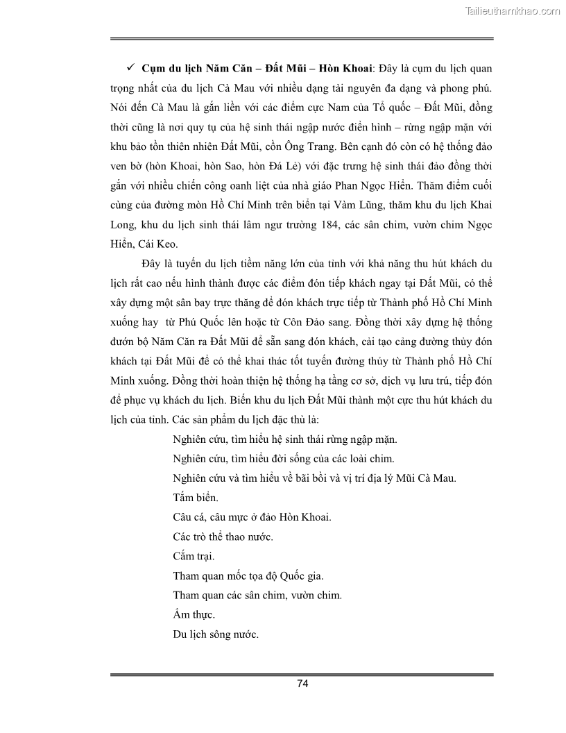 Luận văn Đánh giá thực trạng và định hướng phát triển du lịch tỉnh Cà Mau - 7 Trang 74