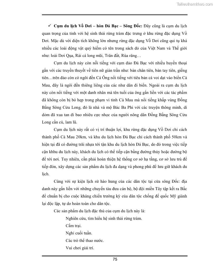 Luận văn Đánh giá thực trạng và định hướng phát triển du lịch tỉnh Cà Mau - 7 Trang 75