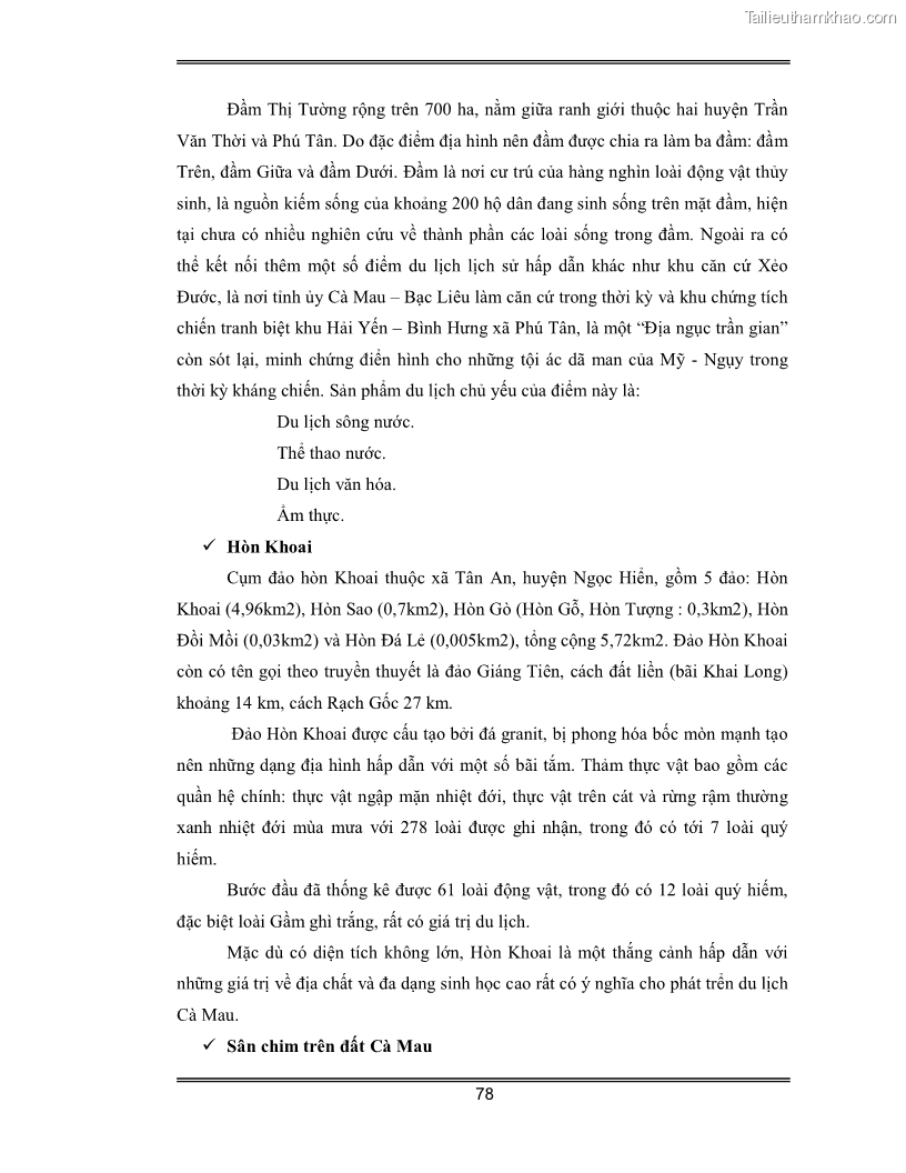 Luận văn Đánh giá thực trạng và định hướng phát triển du lịch tỉnh Cà Mau - 7 Trang 78