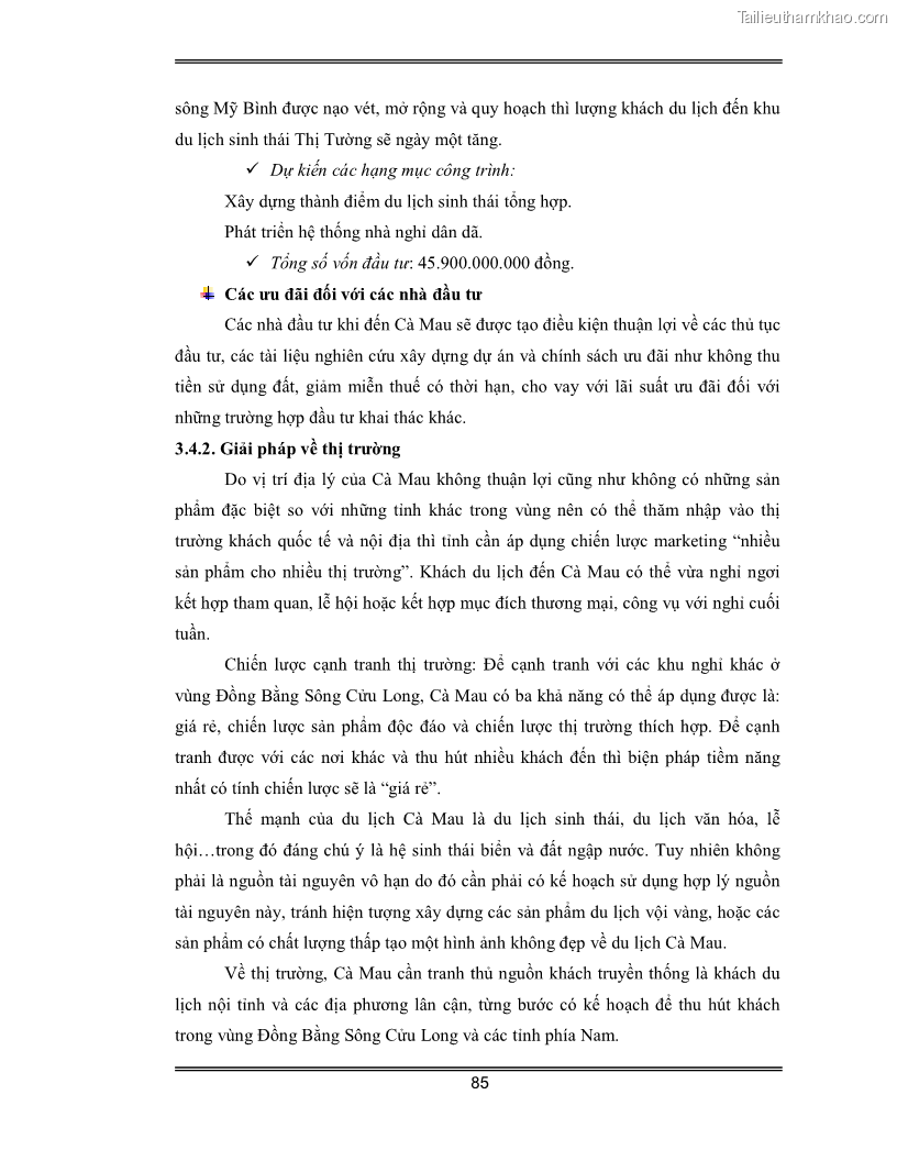 Luận văn Đánh giá thực trạng và định hướng phát triển du lịch tỉnh Cà Mau - 8 Trang 85