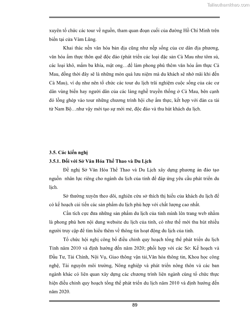 Luận văn Đánh giá thực trạng và định hướng phát triển du lịch tỉnh Cà Mau - 8 Trang 89